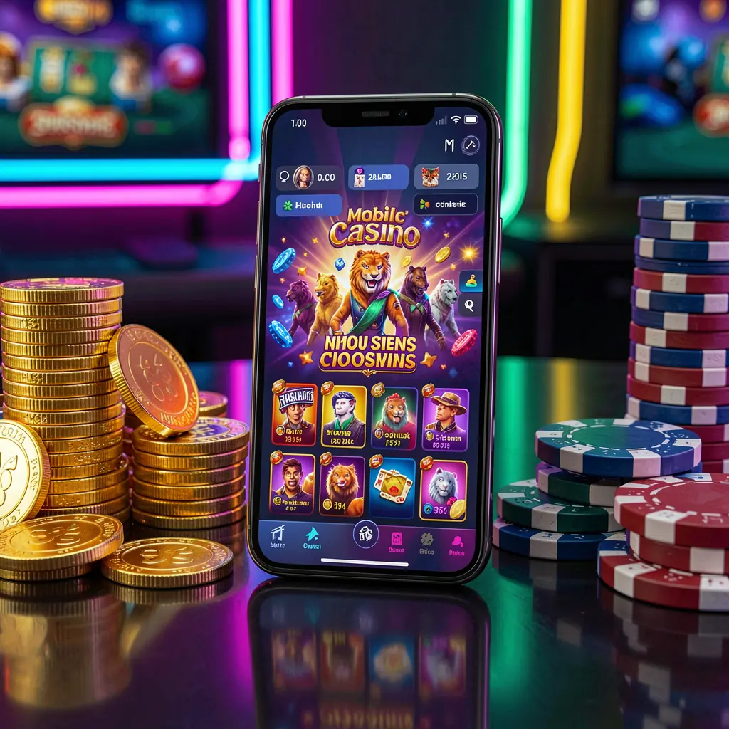 88 UU mobile casino app dashboard on smartphone displaying colorful gaming interface with golden coins and poker chips on glossy table under elegant neon lighting