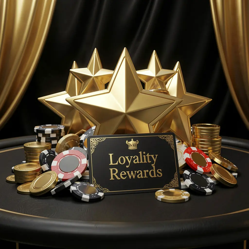 88 UU loyalty rewards casino image featuring golden stars, poker chips, coins, and a luxury reward card on an elegant black and gold background in a realistic 3D render
