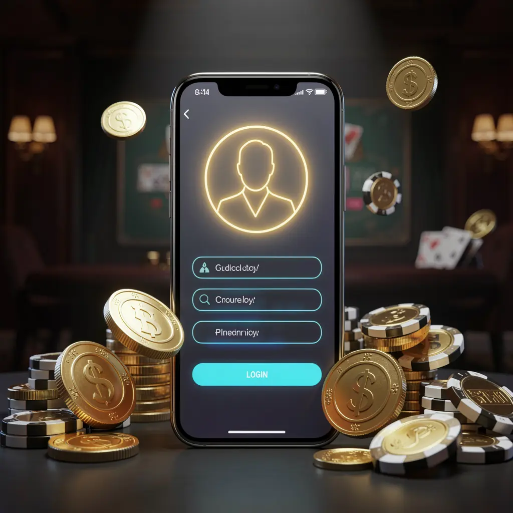 88 UU online casino login page hero banner featuring a modern smartphone with a secure login screen, glowing user profile icon, golden coins and poker chips surrounding it against a dark luxury background
