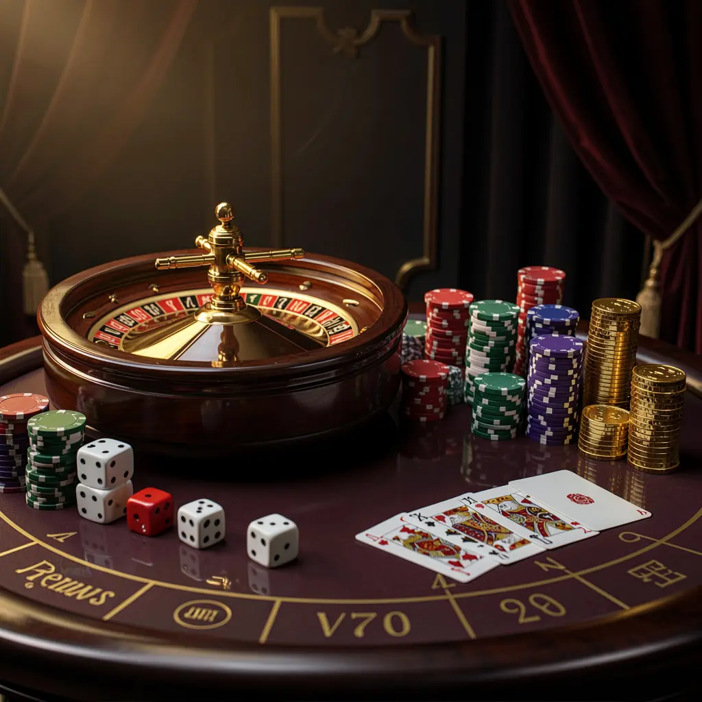 Premium casino homepage scene featuring a roulette wheel spinning on a glossy table with poker chips, dice, cards, and golden coins, set against an elegant dark background with cinematic lighting, showcasing 88 UU's responsible gaming environment